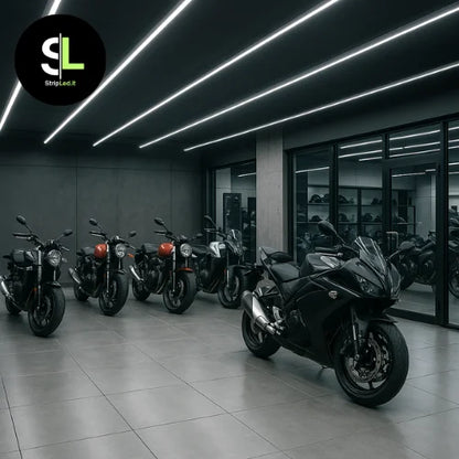 Striscia LED COB 12V 320led/m bianco freddo 6000K installata in showroom moto moderna e logo StripLed.it