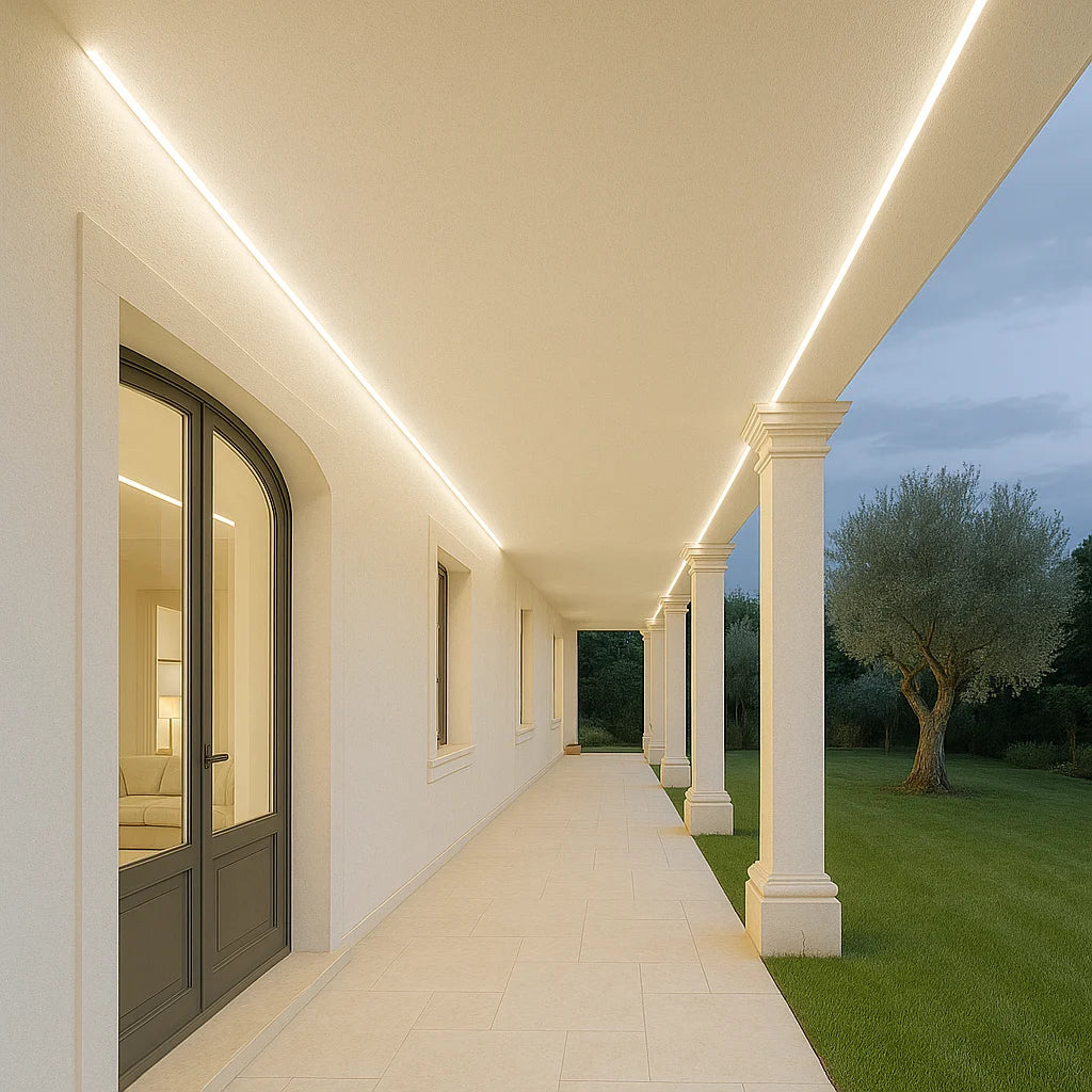 Striscia LED COB 24V IP67 bianco naturale 4000K installata sotto portico con log StripLed.it