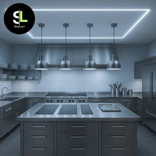 Striscia LED COB 24V IP67 bianco freddo 6000K installata in cucina professionale e logo StripLed.it