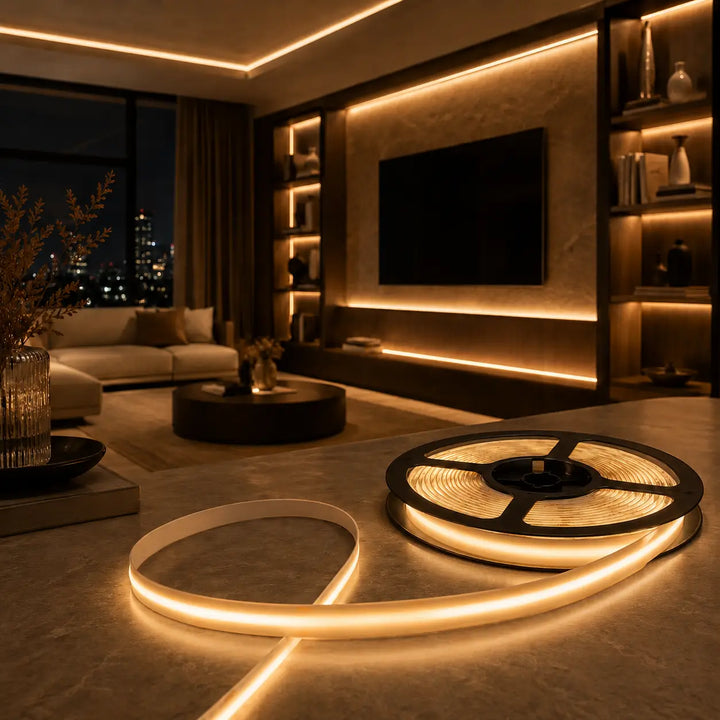 Strip LED COB a luce continua in ambiente moderno premium con illuminazione calda integrata e bobina prodotto in primo piano