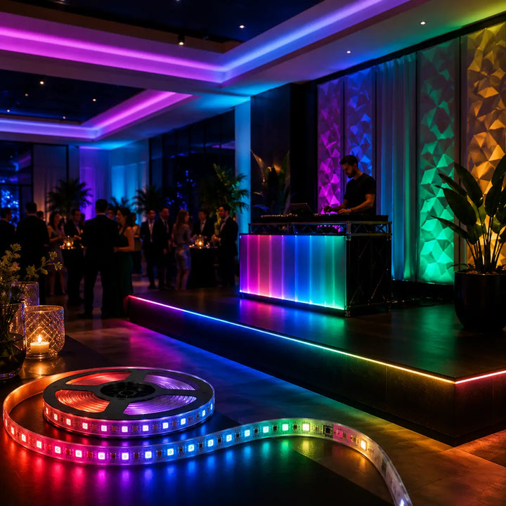 Strip LED Digital RGB con effetti luminosi dinamici colorati in ambiente moderno per eventi e installazioni scenografiche