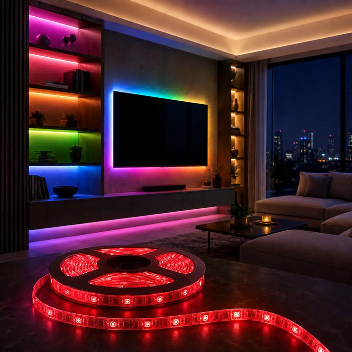 Strip LED RGB con rotolo illuminato di colore rosso in ambiente moderno premium con illuminazione decorativa