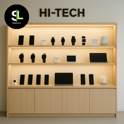 Espositore hi-tech illuminato con strip LED SMD 12V 5m bianco naturale 4000K.