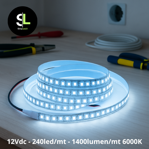 Strip LED SMD 12V 240 LED/mt bianco freddo 6000K installata su banco, illuminazione commerciale

