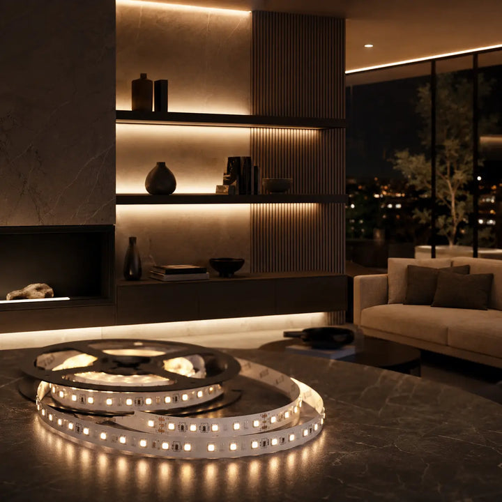 Strip LED SMD in ambiente moderno premium con illuminazione calda integrata e bobina prodotto in primo piano