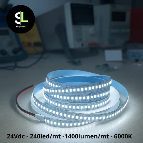 Striscia LED accesa su banco da lavoro con luce bianca fredda 6000K e strumenti elettronici sullo sfondo con logo StripLed.it