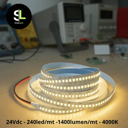 Striscia LED accesa su banco da lavoro con luce bianca naturale e strumenti elettronici sullo sfondo con logo StripLed.it