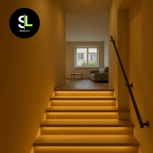 Striscia LED COB 12V bianco caldo 3000K installata sotto i gradini per illuminazione decorativa di una scala con logo StripLed.it”