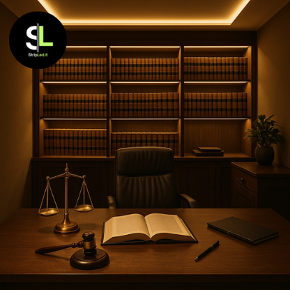 Striscia LED COB 12V bianco caldo 3000K installata in studio con luce calda e uniforme.