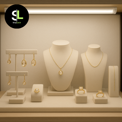 Striscia LED COB 12V bianco naturale 4000K installata in vetrina gioielleria con luce neutra e uniforme.