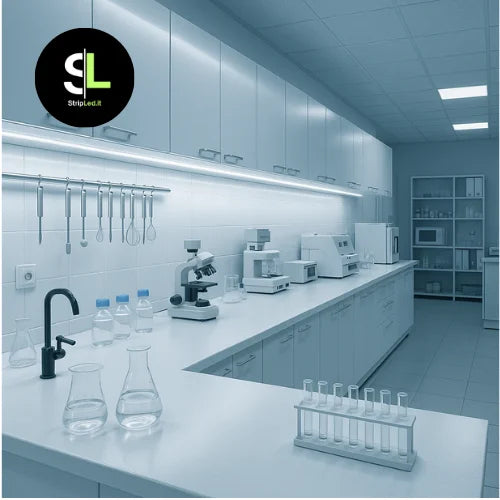 Striscia LED COB 12V bianco freddo 6000K installata in laboratorio con illuminazione intensa e uniforme e logo StripLed.it