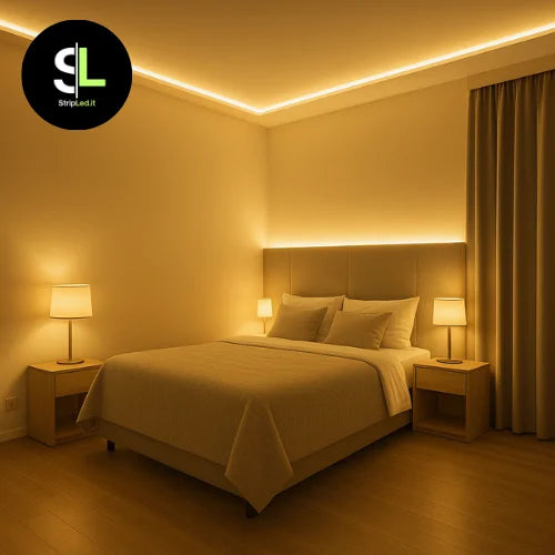 Striscia LED COB 24V bianco caldo 3000K installata in camera da letto con logo StripLed.it