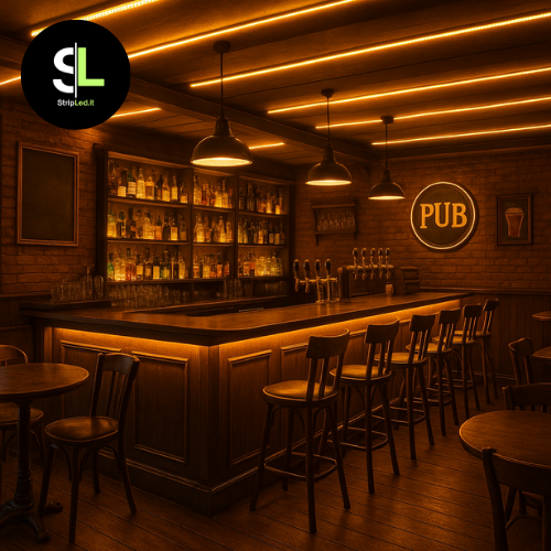Striscia LED COB 24V bianco caldo 3000K installata in pub con illuminazione calda e accogliente.
