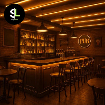 Striscia LED COB 24V bianco caldo 3000K installata in pub con logo StripLed.it