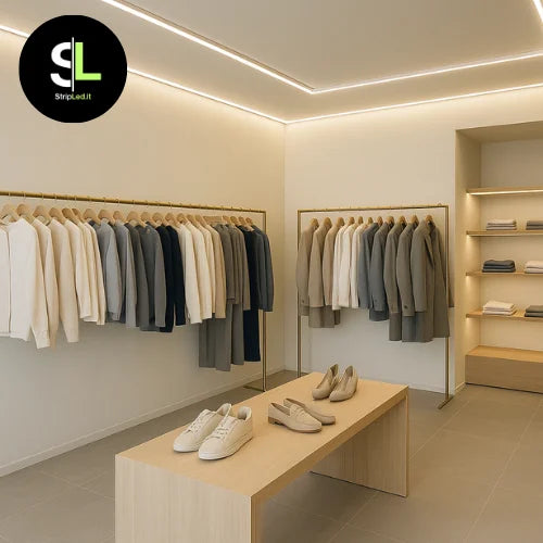 Striscia LED COB 24V bianco naturale 4000K installata nel soffitto di un negozio di abbigliamento e logo StripLed.it