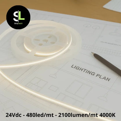 Striscia LED COB 24V bianco naturale 4000K accesa su disegno tecnico di progetto illuminotecnico con logo StripLed.it