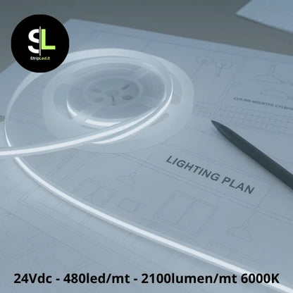Striscia LED COB 24V bianco naturale 4000K accesa su disegno tecnico di progetto illuminotecnico e logo StripLed.it