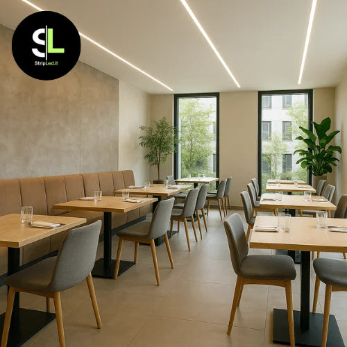 Striscia LED COB 24V bianco naturale 4000K installata nel soffitto di un ristorante moderno con illuminazione uniforme e logo StripLed.it