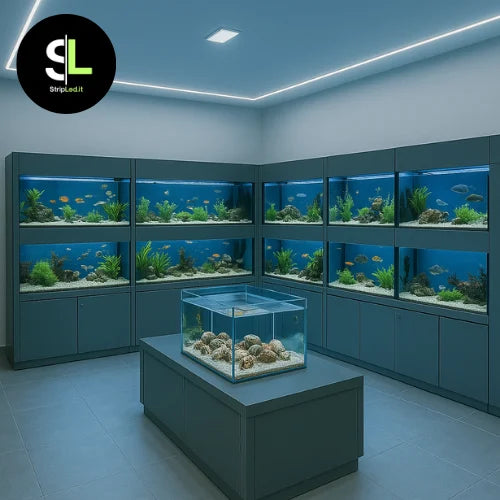 Striscia LED COB 24V bianco freddo 6000K installata in negozio di acquari con logo StripLed.it”