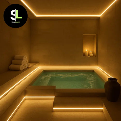 Striscia LED COB 24V IP67 bianco caldo 3000K installata in spa moderna con logo StripLed.it