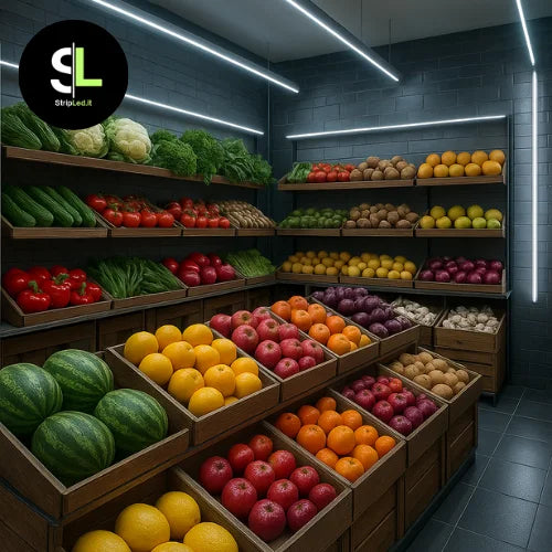Striscia LED COB 24V bianco freddo 6000K installata in negozio ortofrutticolo con logo StripLed.it