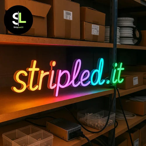 Insegna luminosa realizzata con Striscia LED Neon Flex 12V su uno scaffale di magazzino e logo StripLed.it