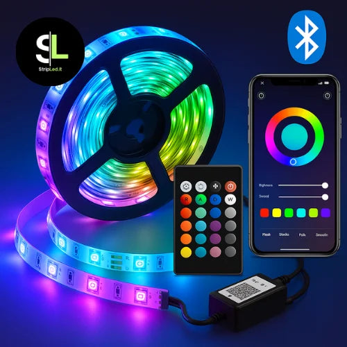 Striscia LED RGB con controllo Bluetooth, telecomando e app smartphone per illuminazione colorata con logo StripLed.it