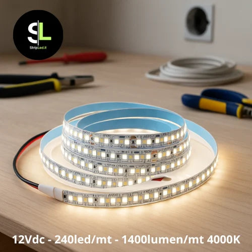 Striscia LED SMD 12V bianco naturale 4000K accesa su banco da lavoro e logo StripLed.it”