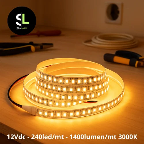Striscia LED SMD 12V bianco caldo 3000K accesa su banco da lavoro e logo StripLed.it