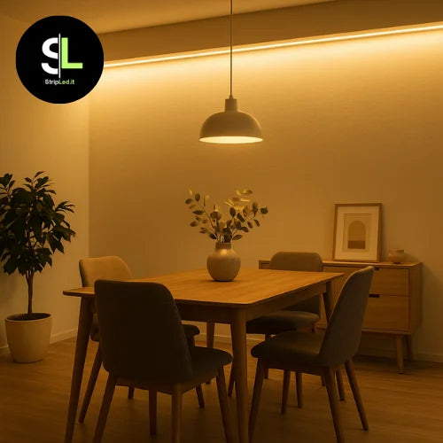 Striscia LED SMD 12V bianco caldo 3000K installata in sala da pranzo con logo StripLed.it