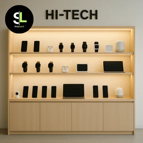 Striscia LED SMD 12V bianco naturale 4000K installata in espositore hi-tech con logo StripLed.it