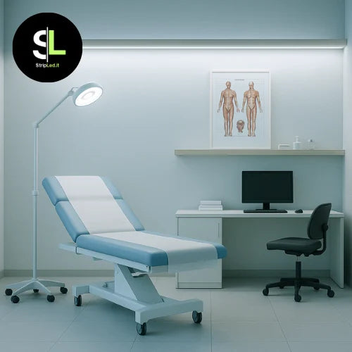 Striscia LED SMD 12V bianco freddo 6000K installata in studio medico e logo StripLed.it