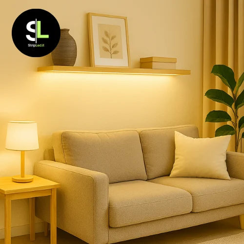 Striscia LED SMD 24V bianco caldo 3000K installata in salotto con luce calda e logo StripLed.it