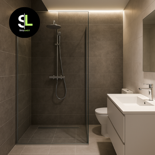 Striscia LED SMD 24V bianco naturale 4000K IP65 installata in bagno moderno con luce uniforme.
