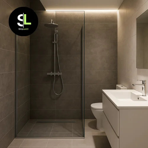 Striscia LED SMD 24V bianco naturale 4000K IP65 installata in bagno moderno e logo StripLed.it