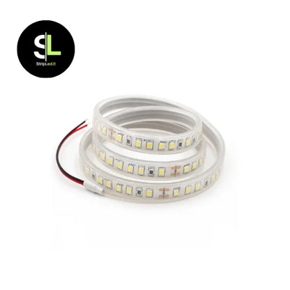 Striscia LED SMD 24V bianco naturale 4000K IP65 in bobina da 5 metri su sfondo bianco con logo StripLed.it