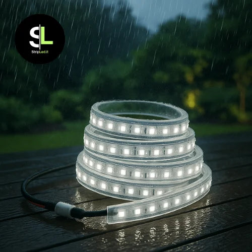 Striscia LED SMD 24V bianco naturale 4000K IP65 accesa all’esterno sotto la pioggia con logo StripLed.it