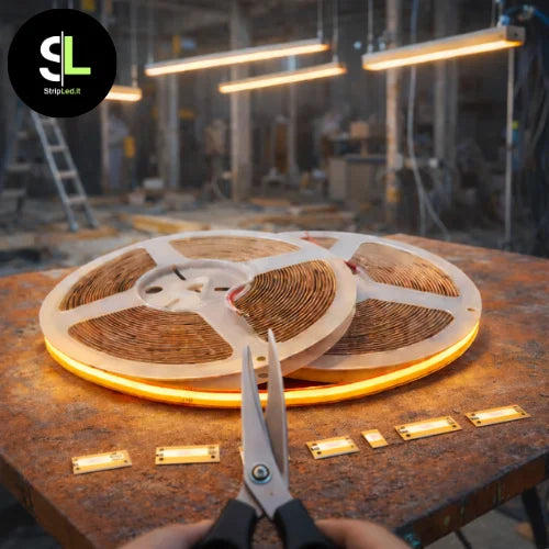 Due bobine striscia LED COB taglio libero accese su banco da lavoro e cantiere sullo sfondo con logo StripLed.it