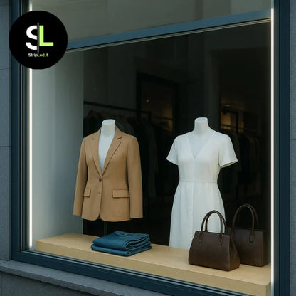 Vetrina di negozio con due manichini illuminata da strisce LED verticali a luce naturale con logo StripLed.it